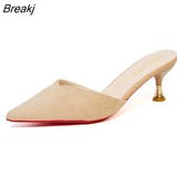 Women High Heels Solid Flock Slippers Mules Pointed Toe Fog Black Slides Women Home Slip On Flip Flops Heels 7CM/10CM Half