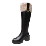 Knee High Brown Long Boots Comfort Square Heel Zip Belt Buckle Platform Boots for Women Plush Edge Warm Gothic