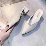 Summer Fashion Women Pointed Toe Slipper Nude White Square Low Heels Outsides Ladies Slides Luxury Brand Beach Mules