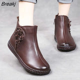 2022 Genuine Leather Winter Boots Women Warm Plush Low Heel Fashion Flower Comfortable Flat Ankle Boots For Women
