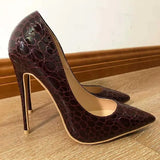 Women Burgundy Crocodile-Effect Pointed Toe Stiletto Pumps Wine Red Slip On Extremely High Heels for Sexy Ladies