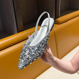 Silver Slingbacks Flats Shoes Woman 2024 Trend Designer Pointed Toe Flat Slip-on Mules Shiny Soft Ballet Flats Black