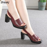 2023 Women's Sandals Summer Genuine Leather High Heels Fashion Sandals Ankle Strap Outside Shoes Square Toe Mixed