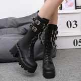 Women's Punk Gothic Boots 2023 Fashion Buckle Chain High Heels Mid Calf Boots Women Black Pu Leather Plus Size 42 Autumn