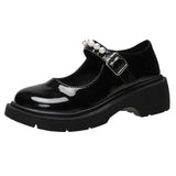Buckle Mary Jane Shoes Thick-Soled Flat-Soled Spring Single Shoes Round Head White Bright Leather Small British Leather