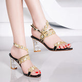 New High-Heeled Women's Sandals Leather Fashion Sexy Assorted Crystal Thick-Heeled Open-Toed Water Drill