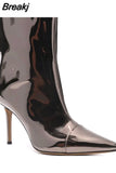 Ankle Boots Pointed Toe High Heels Shoes Nightclub Stiletto Shiny Leather Demonia Boots Metal Gold Women Mid Calf