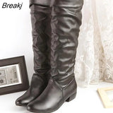 Women Leahter Knee High Boots Fashion Classic Folding Slip on Winter Autumn Casual Low Heels White Black Long Slim Boots