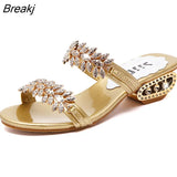 New Summer Women Shoes Fashion Low Square Heel Rhinestone Slippers Metal Decorative Non-slip Comfortable Sandals
