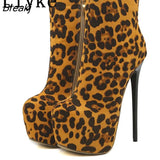 Sexy Leopard Grain Ankle Boots For Women 16.5CM Extreme High Heels Platform Pumps Fashion Round Toe Zip Party Club