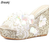 Wedges Slippers High Heels Women's Summer Flower Decoration Sandals Fashion Silver Female Casual Gold Shoes Size