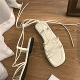 Shoes Women Sandals Narrow Band Vintage Square Toe Flat Cross Strap Thong Sandals V Shape Design Shoes