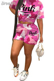 Women Camouflage Print Two Piece Sets Summer Letter Round Neck Tshirt And Shorts Tracksuits Casual Sport 2pcs