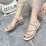 2024 New Square Head Open Toe Women's Slippers, Casual, Stylish, Rhinestone Cross Crystal with