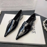 Summer Footwear with Heel Office Shoes for Women 2023 Flat Flats Normal Leather Casual Pointed Toe Black Discount