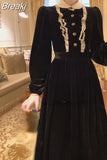 Vintage Lace Midi Dress Elegant 2023 Autumn Slim Long Sleeve Black Velvet Dress Casual Party Korean Fashion Dress