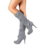 Breakj New High Heel Suede Middle Boots Belt Buckle Large Size Thin High Heel Round High