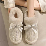 Crystal Warm Long Plush Snow Boots Women Luxury Rhinestone Winter Shoes Woman Flat Heels Non Slip Fur Botas Mujer