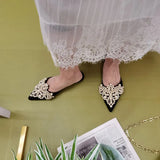 For Women 2023 Pointed Toe String Bead Shoes Lace Ladies' Slippers Pantofle Flat Cover New Slides Fabric Rome Basic