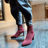 Fashion Women Boots Beige Pointed Toe Yarn Elastic Ankle Boots Thick Heels Shoes Autumn Winter Female Socks