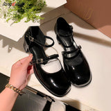 summer spring Women Double Buckle Mary Janes Shoes Patent Leather Dress Shoes High Heels Pumps Retro Ladies Shoe Black