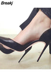 Matte Black Pumps Woman High Heels Shoes 12cm Stilettos PU Leather Wedding Pointed toe Shoes QKOU002