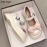 Cute Bowknot Platform Mary Janes Women Round Toe Pearl Ankle Strap Lolita Shoes Woman 2023 New Patent Leather Lovely