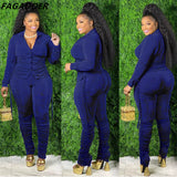 Casual Ruched Design Two Piece Sets Women Long Sleeve Side Lace Up Top And Stacked Pants Plus Size Solid Outfits