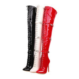 Women Sexy Cross Tied Thigh High Boots Pointed Toe Thin High Heels Over The Knee Boots Patent Leather Shoes Woman