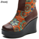2022 New Women Boots Genuine Leather Women Shoes Round Toe Winter Wedges Handmade Leisure Ankle Platform