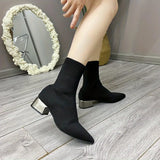 Women's Knitted Ankle Boots Pointed Toe Stretchy Chunky med Heels Fashion Sock Short