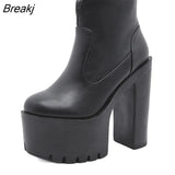 PU Black High Boots With Heels Ankle Boots Women Platform Shoes For Autumn Winter Side Zipper Comfort