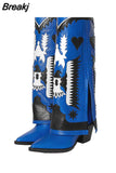 Retro Woman Long Boots Genuine Leather Sewing Embroider Strange Heels Animal Picture Pointed Toe Women Knee High