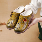 New Loose Cake Bottom Casual Women's Shoes National Wind Leather Flower Hollow Out Women's Slippers Breathable Comfortable Hole Hole