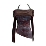 Vintage Print Shoulder Irregular Long-Sleeved T-Shirt Hanging Neck Slim Thin Short Bottom Top