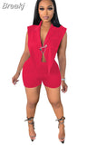 Solid Elegant Two Piece Set Women Outfits Back Hollow Out Lapel Collar Tank Top Shorts Sets Bodycon Tracksuits