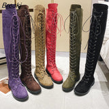 Women's Boots Low Heels Flock Winter Over Knee Boots for Woman 2023 Lace Up Fashion Female Thigh High
