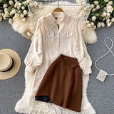 Women 2 Piece Set Elegant Turn down Collar Long Sleeve Buttons Short Shirt Dress and High Waist A-line Mini Skirt