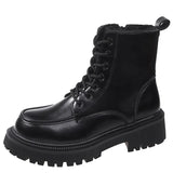 Autumn Winter Platform Ankle Boots Women Thick Sole Pu Leather Biker Boots Woman 2023 Short Plush Lace-Up Shoes