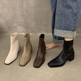 Square Head Elastic Thin French Short Boots 2024 New Autumn And Winter Brown Martin Boots Single