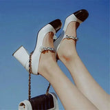 Shoe Woman 2024 High Heels Luxury Shoes Women Mary Janes Pumps Square Toe Leather Sandals Black White Patchwork