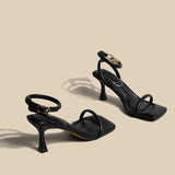 Ankle-Strap Buckle Sandal Summer Square Toe Ladies Stiletto High Heel Shoes Sexy Solid Thin Band Sandalias De Mujer