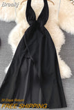 Women Black Deep V Halter Neck Sleeveless Long Dress Summer Elegant Open Back High Waist Cross Split Evening Party