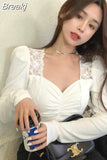 Vintage Blouses Women Puff Sleeve Square Collar Tops Female Lace Design Office Ladies Sweet 2023 Summer Korean