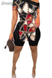 Fashion Printing Side Slit Top Two Piece Sets Women One Shoulder Tops + Shorts Outfits Summer Steetwear 2pcs