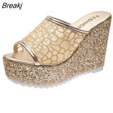 Golden Women House Slippers Summer Shoes Platform 4cm Outside Fitting-room 11cm High Heels Wedges Solid Mesh Female