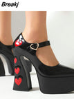 Pumps Round Toe Chunky Block Heel Ankle Strap With Heart 2023 Spring Brand New High Heels Mary Janes Women