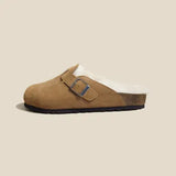 Fashion Winter Fur Slipper Leather Mule Clogs Slippers Long Plush Warm Indoor Soft Cork Buckle Slides Footwear for