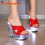Light Up Transparent High Heels 15CM Square Heel Summer Sandals Women's Platform Luminous Shoes Club Fashion Weave