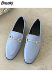 Women Slip on Loafer Flat Shoes Chain Autumn Fashion British Metal Buckle Flat Shoes Round Toe Green Casual
